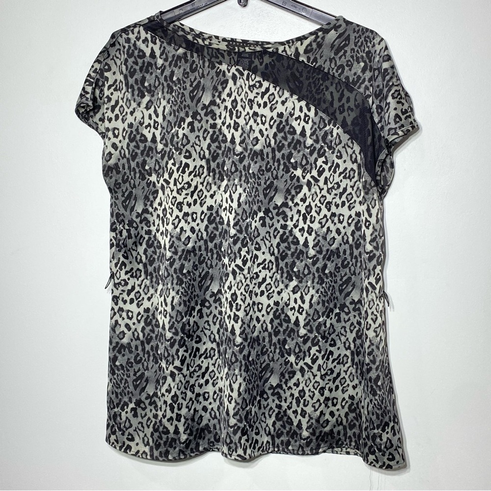 Apostrophe Leopard Blouse Women's LP Black Gray Short Sleeve Sheer Panel 80's